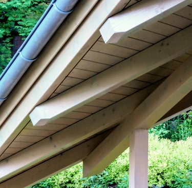 Abgeschlepptes Dach mit lasierter Fichtenholzkonstruktion