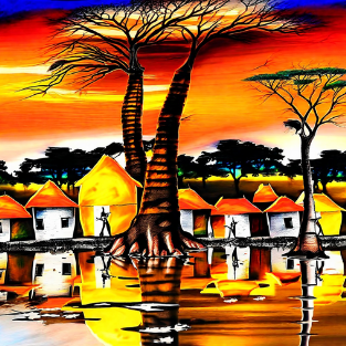 a painting of a tree with a sunset in the background