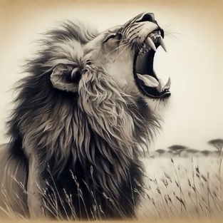 a lion roars its head up and teeth showing