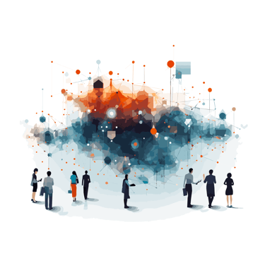 a group of people standing around a cloud