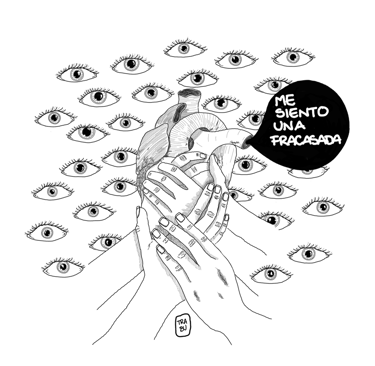 Ilustración de un corazón sujetado por varias manos y observado en el fondo por varios ojos