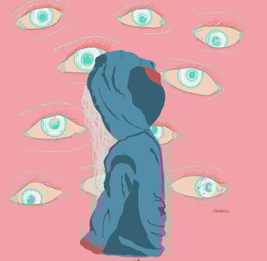 Una ilustración de una chica con una sudadera con capucha y ojos de fondo observándola
