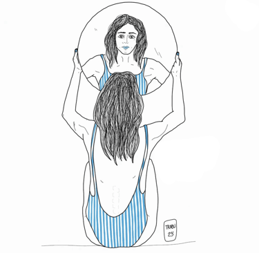 Una chica de espalda sosteniendo un espejo y viendo su cara reflejada 