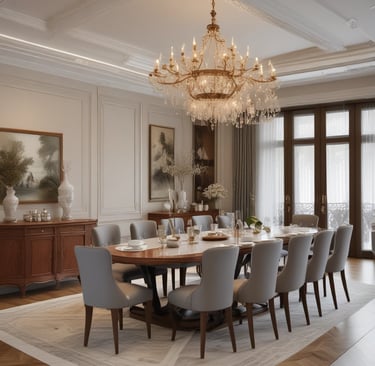An elegant dining table set with matching chairs.