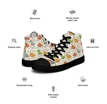 Dinosaur print high top canvas sneakers for kids featuring a sturdy lace-up front and EVA rubber outsole.