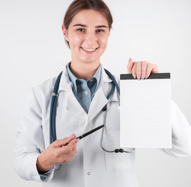 a woman doctor in a white lab coat and stethoscope