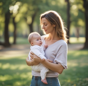 A mother gently cradling her baby in a serene park.