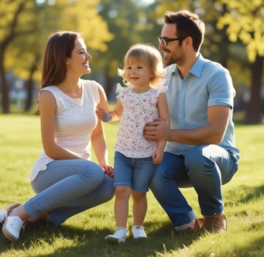 A happy family enjoying a picnic in a sunny field.