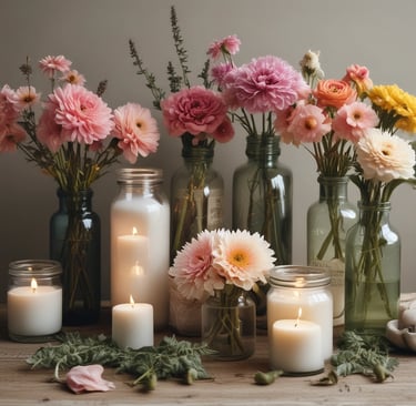 An elegant arrangement of scented candles in glass jars.