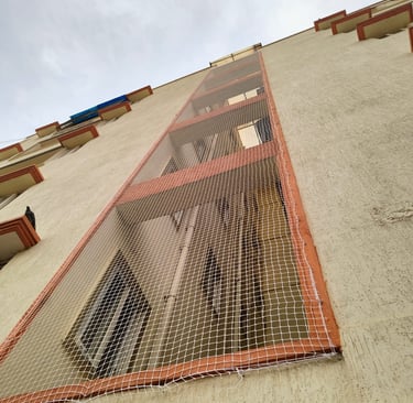 Close-up of a freshly installed duct area net in a residential building in HSR Layout, showing the f