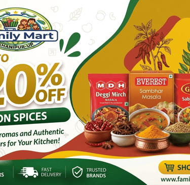 Family Mart spice sale offering up to 20% off MDH, Everest, and Goldie masala brands.