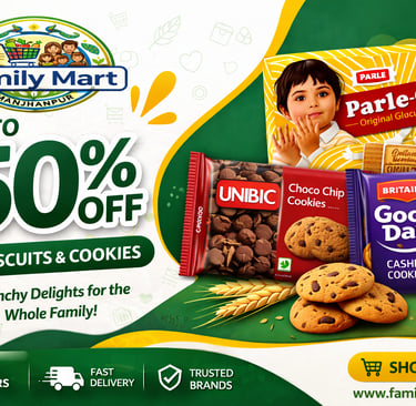 Family Mart sale banner offering 50 percent off on Parle-G, Unibic, and Britannia Good Day cookies.