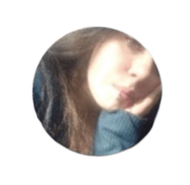 Circular portrait of a young woman with long hair leaning her head on her hand against a black background.