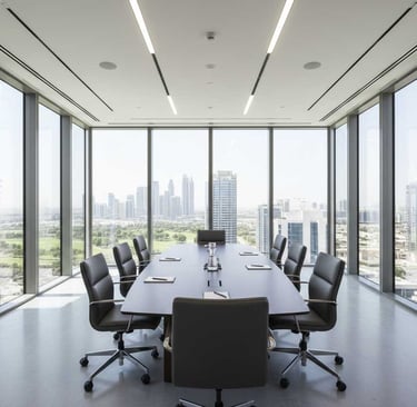 Modern Dubai boardroom with skyline and golf course view, representing institutional investors and strategic real estate deal