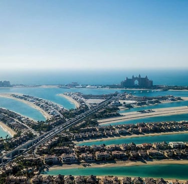 Aerial view of Palm Jumeirah Dubai with luxury waterfront villas and Atlantis The Palm
