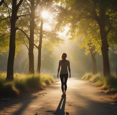 a woman walking down a path in the sun
