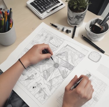 A vibrant workspace featuring design tools, sketches, and a computer screen displaying a website mockup.