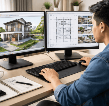 Filipino CAD designer working on architectural plans with dual monitors.