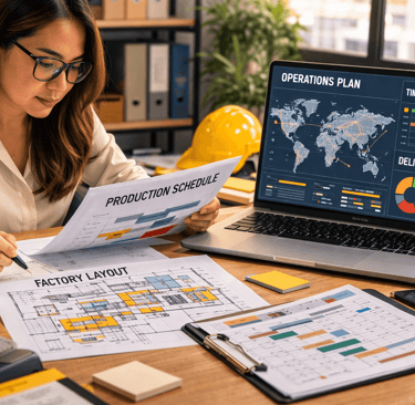 Filipino operations specialist reviewing factory layouts and production schedules at a desk.