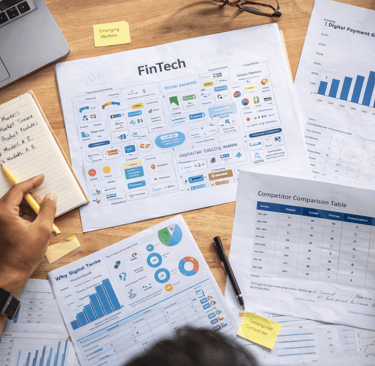 FinTech market research documents and competitor analysis on desk