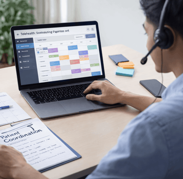 Filipino virtual assistant managing telehealth operations on laptop