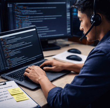 Filipino L2 engineer reviewing cybersecurity logs on laptop