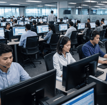 Filipino agents working in modern BPO call center office