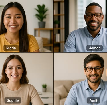split-screen concept showing 3–4 employees joining from different countries