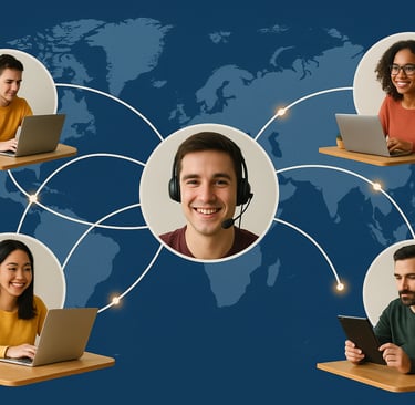 world map with glowing connection lines linking multiple remote professionals