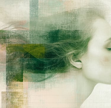 art work of a womans head with her hair blowing in the air, abstract background