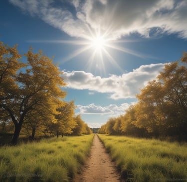a dirt road with a sun shining through the clouds