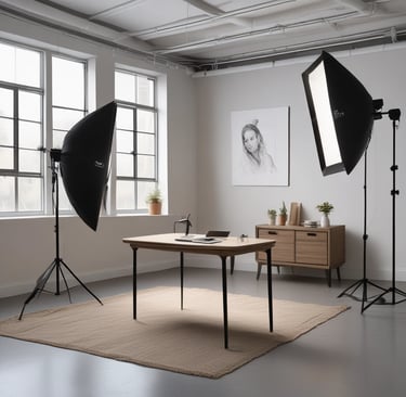 A serene workspace with a camera and photography equipment on a wooden table.