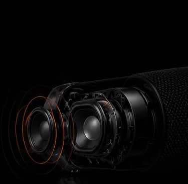 Vue en coupe des haut-parleurs internes de l'enceinte JBL Charge 6 avec ondes sonores orange