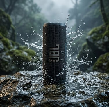 JBL Flip 7 noir sur roche mouillée.