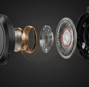 Exploded view of high-fidelity headphone driver components showing internal acoustic hardware and voice coils.