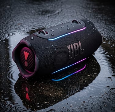 Enceinte JBL Xtreme 5 noire sous la pluie avec liserés LED et reflets