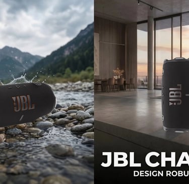 Enceinte JBL Charge 6 présentée en extérieur au bord de l'eau et en intérieur dans un salon