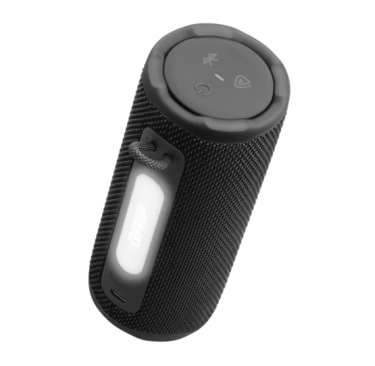 Enceinte JBL Grip Noir vue inclinée et dessus, boutons, led ON, port USB-C