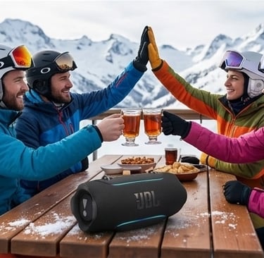 Enceinte Bluetooth JBL Xtreme 5 noire posée sur une table en bois lors d'un repas de skieurs en terrasse à la montagne