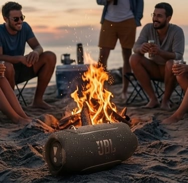 Enceinte portable JBL Xtreme 5 posée sur le sable au premier plan d'un feu de camp entre amis sur la plage