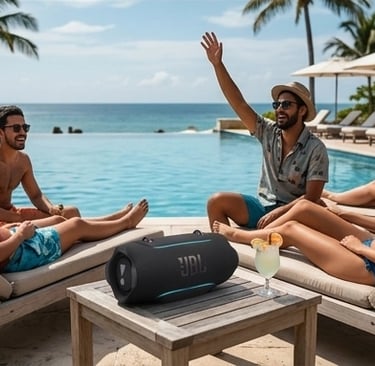 Enceinte JBL Xtreme 5 noire posée sur une table en bois au bord d'une piscine à débordement avec des amis sur des transats