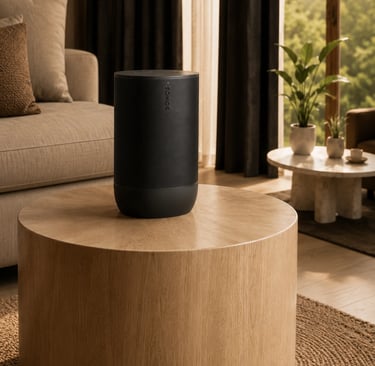 Sonos Move 2 noire, enceinte Bluetooth et Wi-Fi portable haut de gamme intégrée dans un salon moderne au design élégant.