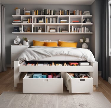 a bed with a bed and a book shelf used for organizing