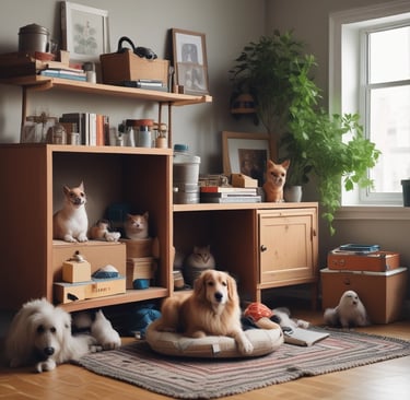 a dog sitting on a rug in a room
