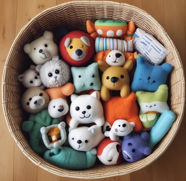 a basket of stuffed animals and stuffed animals