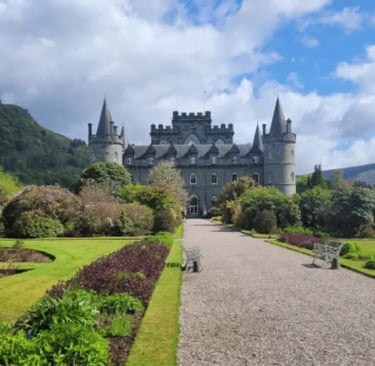 Inveraray Castle with walkway through garden