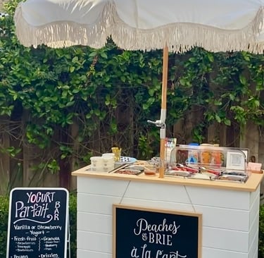Yogurt parfait bar cart in a backyard