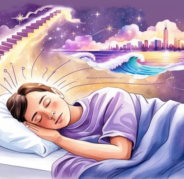 Person wearing sleep headset inside glowing dream world