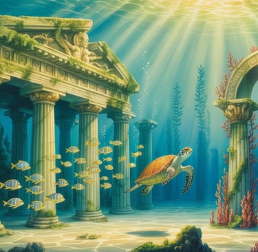 Sunken ruins of Atlantis glowing beneath the ocean