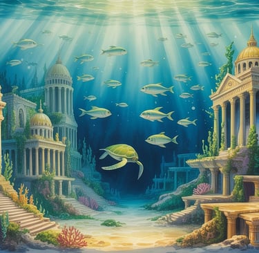 Fantasy city of Atlantis with advanced temples and waterways